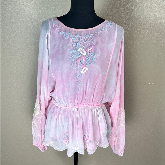 LoveShackFancy Tops - LoveShackFancy Pink Sheer Embroidered Blouse long Billowy Sleeves Size Large